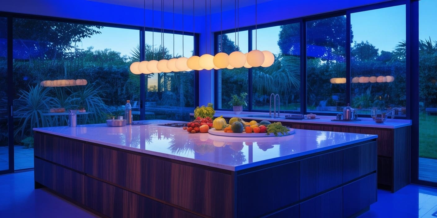 Blue lit kitchen with marble island and pop-up outlet installed by electrician reno