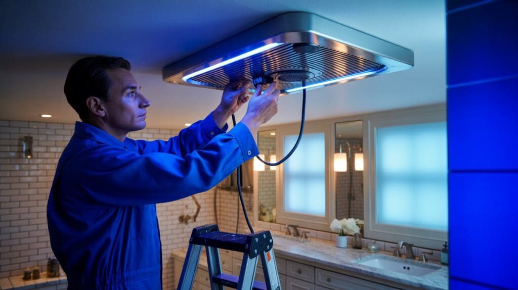 Professional electrician reno installing exhaust fan in ceiling