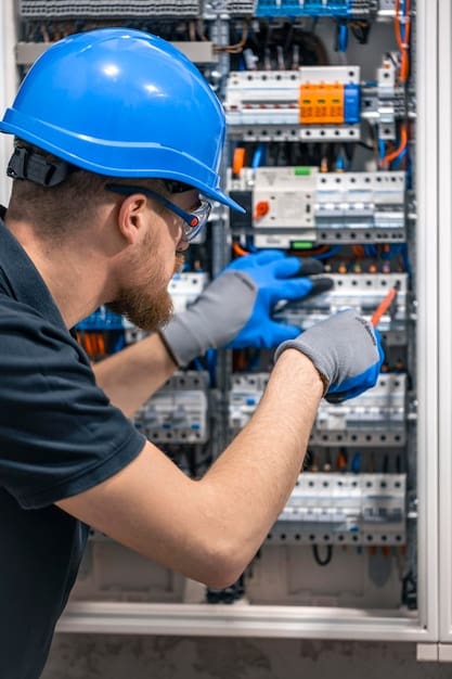 Commercial electricians near me working on an electrical switchboard with connected wiring and cables